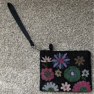 Floral Embroidered Black Wristlet